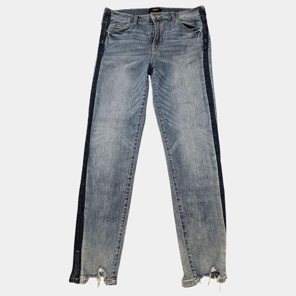 Vervet By Flying Monkey Mid-Rise Light Wash Dark Strip Raw Hem Jeans Size 30